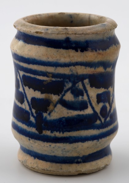 Small majolica albarello on stand with flown blue decor, albarello holder soil find ceramics earthenware glaze lead glaze