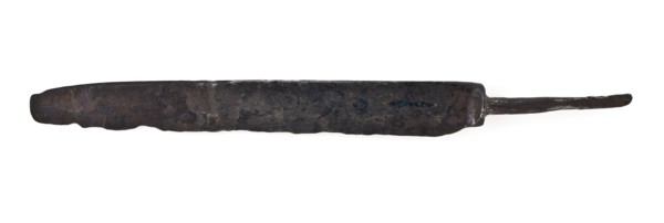 Hand-forged blade with baffle plate with pin-shaped angel, blade knife cutlery ground find iron metal, archeology underground