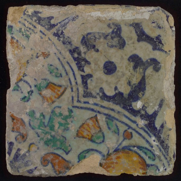 Ornament tile, diagonal ornament in quatrefoil with orange and flowers, palm corner, corner pattern rosette, wall tile