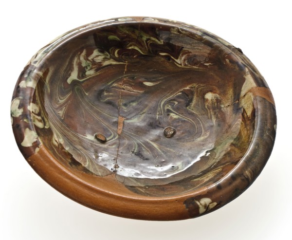 Earthenware flute on stand, red shard, dish crockery holder soil find ceramic earthenware glaze lead glaze, hand turned marbled