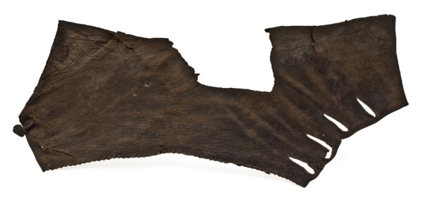 Fragment of low leather shoe, consisting of slanted heel, side with lacing holes and lacing and short back, shoe footwear