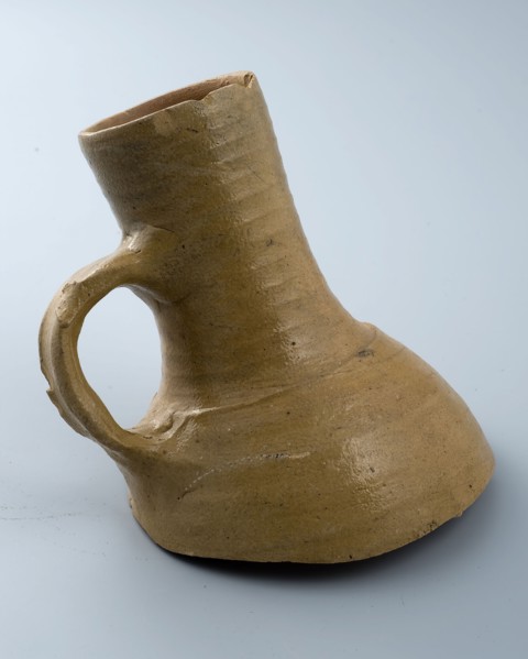 Fragment gray stoneware jug, neck with band ear and small part of shoulder, jug crockery holder soil find ceramic stoneware