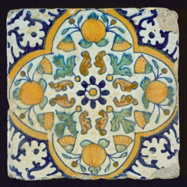 Ornament tile or pompadrain tile, corner pattern palmet, wall tile tile sculpture ceramics pottery glaze, baked 2x glazed