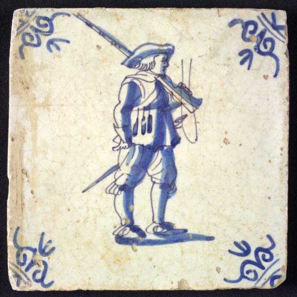 White tile with blue warrior; corner pattern ox head, wall tile tile sculpture ceramic earthenware glaze, baked 2x glazed