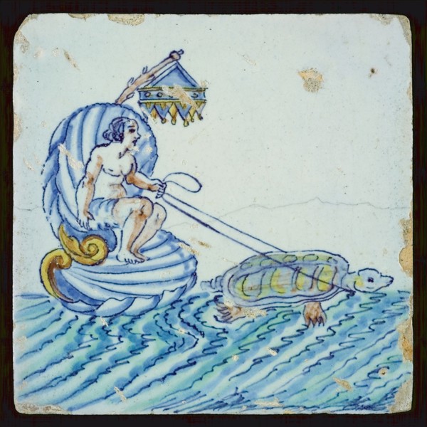 Scene tile, with figure on shell at sea, drawn by turtle, wall tile tile sculpture soil find ceramic pottery glaze, baked 2x
