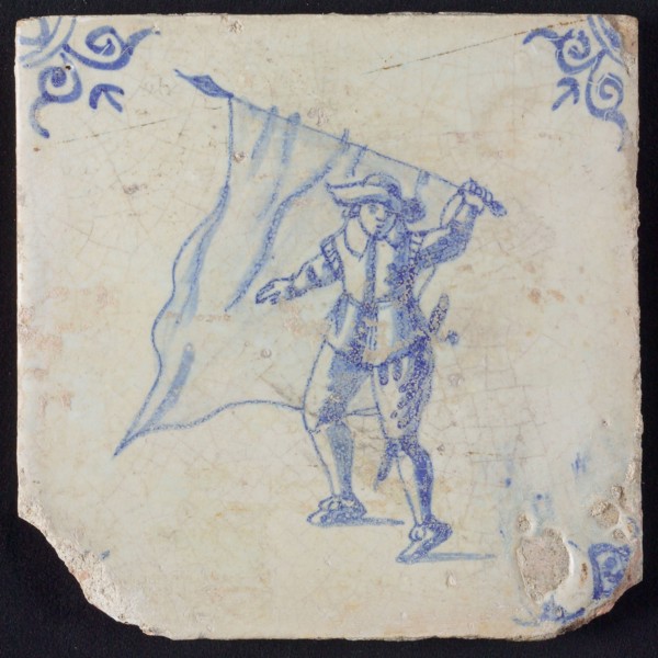 White tile with blue warrior, standard wharf; corner pattern ox head, wall tile tile sculpture ceramic earthenware glaze, baked