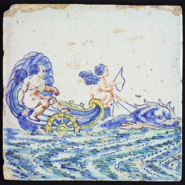 Scene tile, dolphin pulled shell naked man with stick and winged Amor with whip, wall tile tile sculpture soil find ceramic