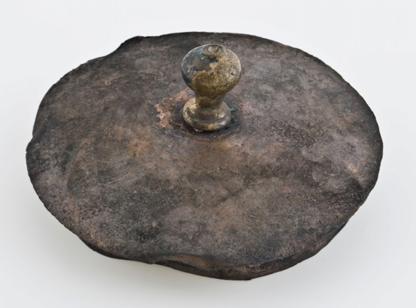 Copper lid with knob, lid closure part soil found copper brass metal, whipped cast riveted soldered Copper lid Lightly curved