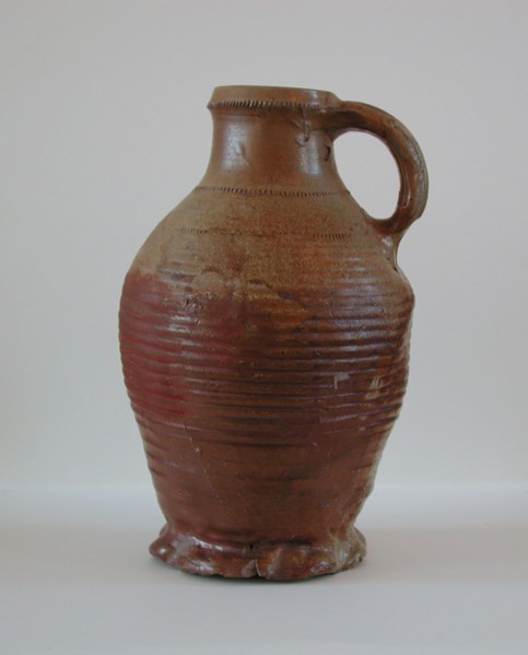 Large stoneware jug be pinched, purple brown to yellow gray, decorated with wheel stamping, water jug crockery holder soil find
