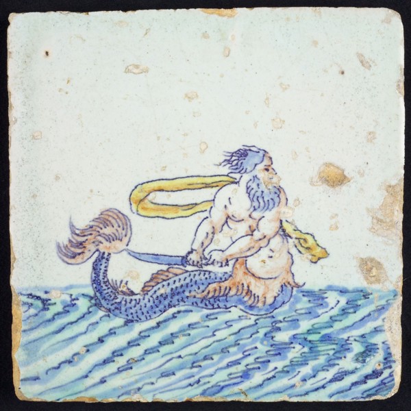 Scene tile, merman with sword and waving cloth to the right, in continuous water, wall tile tile sculpture soil find ceramic