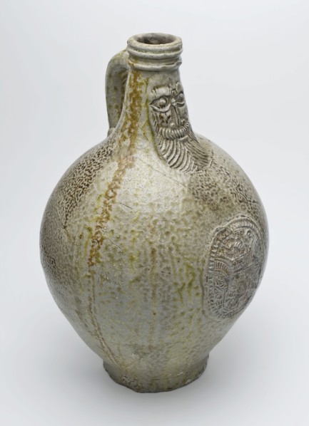 Gray Bartmann jug, also called Bellarmine jug, stoneware, with beard and cartouche, beard masonry tableware holder soil find