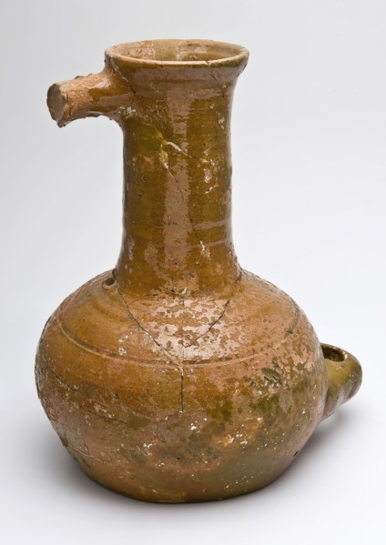Pottery starling with long neck, roof hole and hanging eye, starch pot holder soil find ceramic earthenware glaze lead glaze