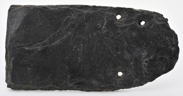 Gray roof with three fixing holes, oblong with round top, roof slab construction material soil find slate stone, chopped drilled