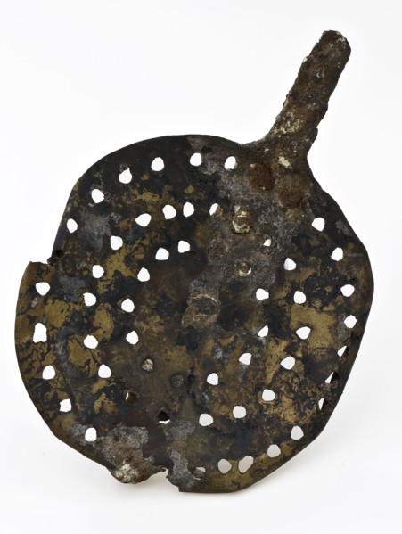 Tray of skimmer, with short piece of stem, skimmer kitchenware soil find copper iron metal, w 11.0 whipped shaped drilled