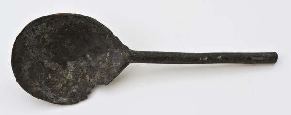 Hendrick Jongelingh?, Spoon with round handle and egg-shaped container, spoon cutlery soil find tin metal, w container 6.0