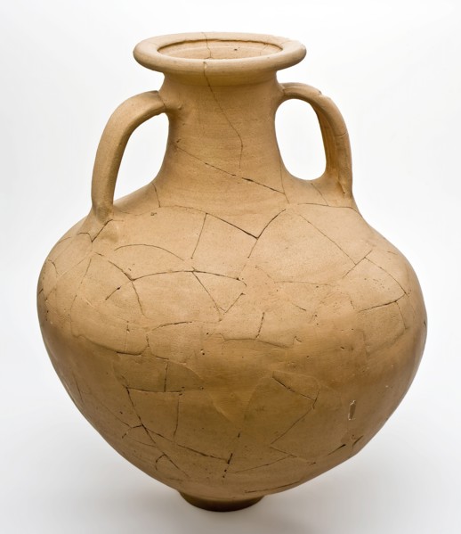 Tall jar, amphora with spherical body on small standing surface, two long, wide ears, amphora jug holder found bottom ceramics