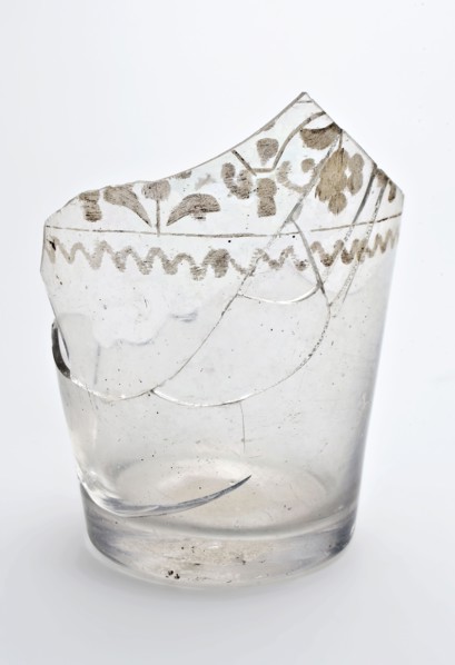 Fragment of conical beaker decorated with wheel engraving, pontilmark, beaker tumbler drinking glass drinking utensils tableware