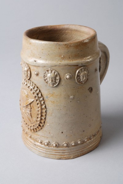 Stoneware beer mug or 'humpe', conical model, appliqué of man with hat, mug drinking bowl tableware holder soil find ceramic