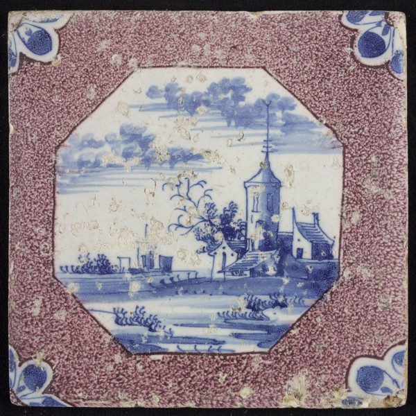 Scene tile purple sprinkled tile, cityscape, corner motif quarter rosette, wall tile tile sculpture ceramic earthenware glaze