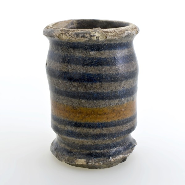 Pottery polychrome decorated ointment jar, albarello, high model, ointment jar pot holder soil find ceramic pottery glaze tin