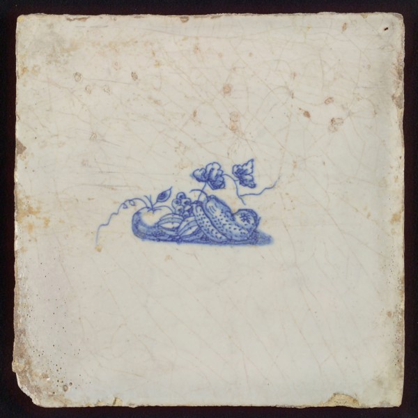 White tile with blue fruit, wall tile tile sculpture ceramic earthenware glaze, baked 2x glazed painted