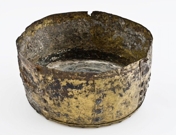 Aker or copper thin-walled pot, pot holder soil found brass copper metal, hammered riveted Aker or copper thin walled pot