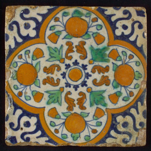 Ornament tile, orange and marigolds, four-sided frame, corner motif, wall tile tile sculpture ceramic earthenware glaze, baked