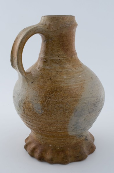 Stoneware jug on pinched base, convex model with broad band-ear, glazed, jug crockery holder soil find ceramic stoneware glaze