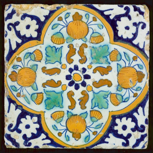 Ornament tile corner pattern palmet, wall tile tile sculpture ceramic earthenware glaze, baked 2x glazed painted Square ruddy