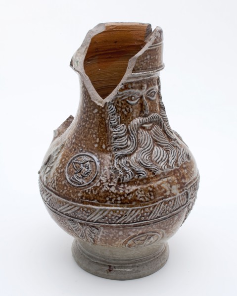 Bartmann jug, also called Bellarmine jug frieze around belly, above and below portrait medallions and acanthus leaves, bearded