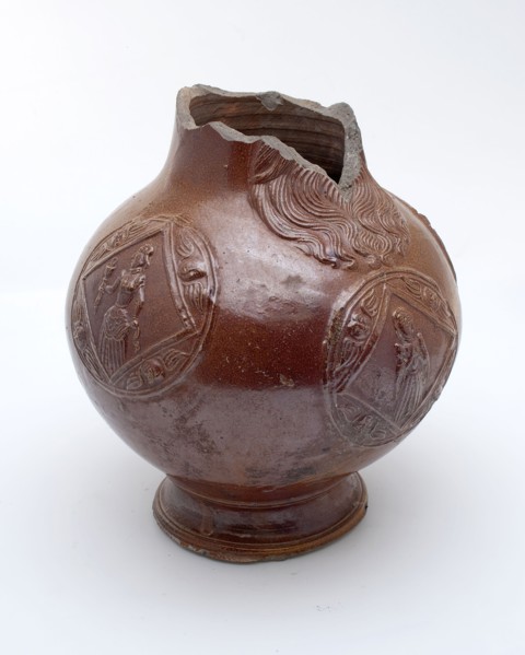 Bartmann jug, also called Bellarmine jug with three medallions with woman figure in rhomb, along which cherubs, Bartmann jug