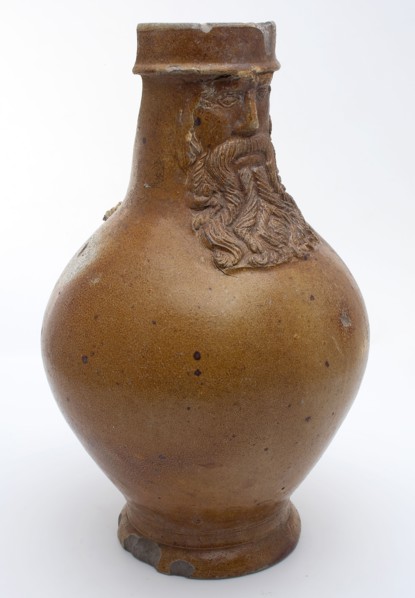 Bartmann jug, also called Bellarmine jug, with Bartmann jug, also called Bellarmine jug, mask and cuff collar around the neck