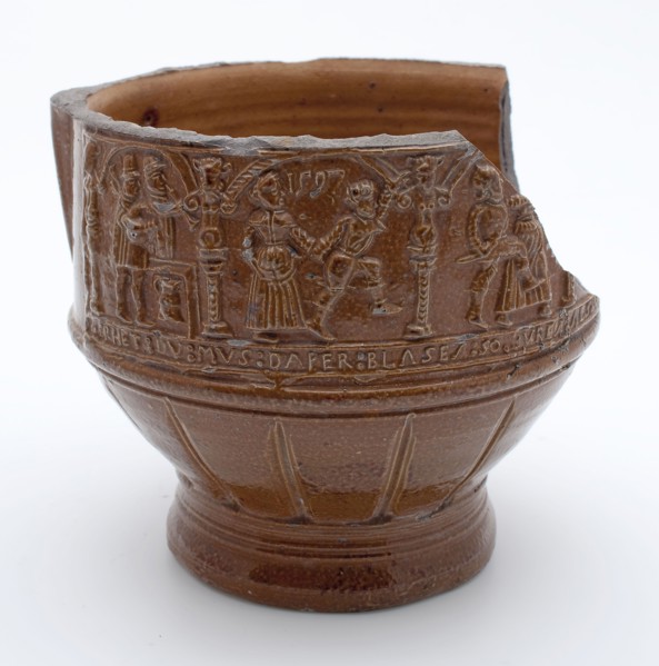 Fragment of stoneware peasant wicker with writing and dance pairs under arcades in frieze, dated, farmer's pitcher crockery