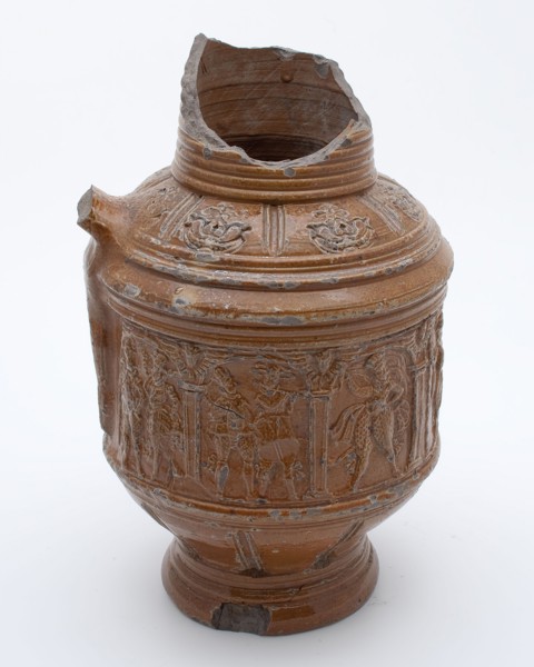 Musketeer jar, brown stoneware with high frieze, in which arcades and musketeers, musketeer jar jug crockery holder ground find