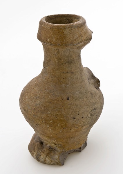 Small stoneware jug with ear, thickened lip, on pinched foot, jug crockery holder soil find ceramic stoneware clay engobe glaze