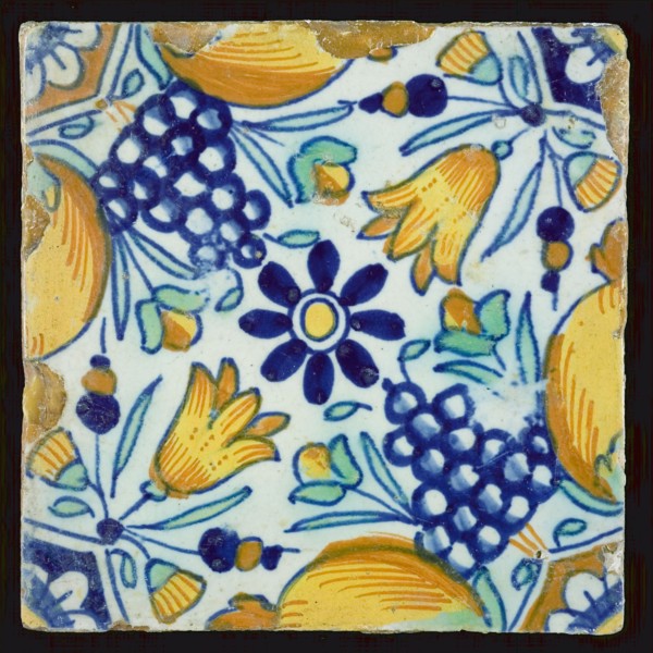 Ornament tile with fruit and tulips, rosette in the middle, wall tile tile sculpture ceramic earthenware glaze, baked 2x glazed