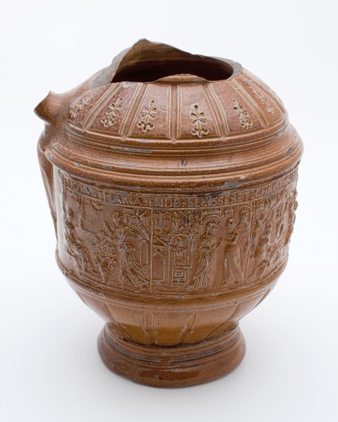 Brown stoneware jug, round belly frieze with biblical scenes, the Christmas story, jug crockery holder soil find ceramic