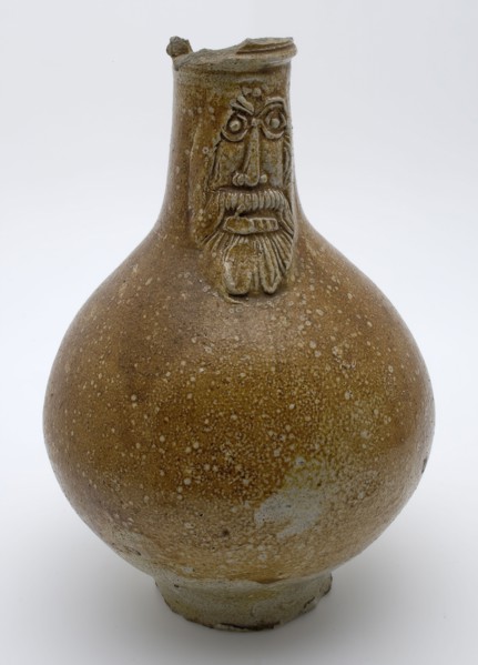 Brown Bartmann jug, also called Bellarmine jug, underside of belly and foot gray, Bartmann jug jug crockery holder soil find