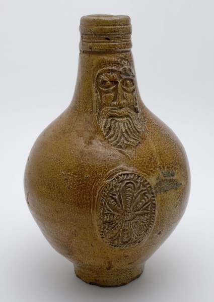 Brown Bartmann jug, also called Bellarmine jug, jug with beard mask medallion with floral pattern, Bartmann jug jug crockery