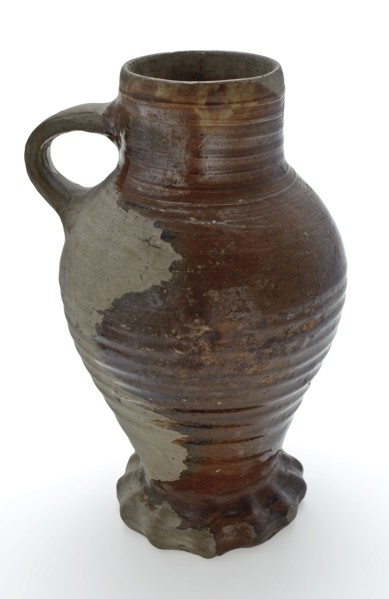 Stoneware jug be on pinched foot, ovoid with cylindrical neck, partly brown loam glaze, jug crockery holder soil find ceramic