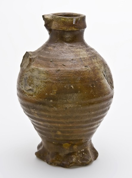 Brown stoneware jug with rings and pinched foot, cuff collar, jug crockery holder soil find ceramic stoneware clay engobe glaze