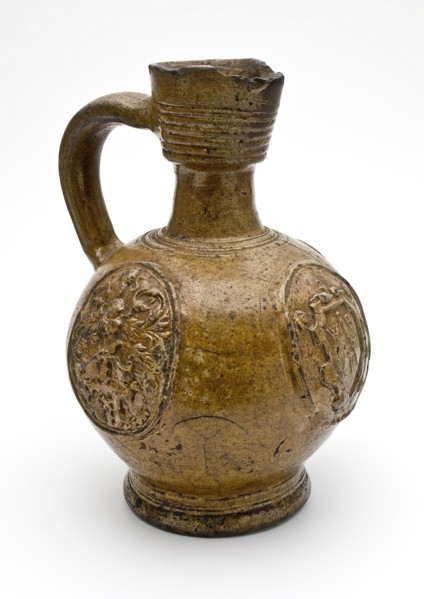 Stoneware jug be decorated with cartouches, slender neck and broadened neck edge, dated, jug crockery holder soil find ceramic