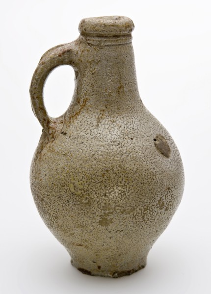 Gray stoneware jug with band ear and tail, ball-shaped model, jug crockery holder soil find ceramic stoneware glaze salt glaze h