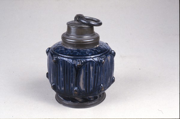 Blue stoneware pot, octagonal with tin screw cap, pot jug crockery holder soil find tin ceramics stoneware glaze salt glaze