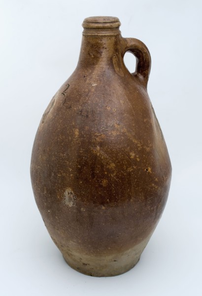 Large stoneware jug with brown brindled salt glaze, marked: 2, jug soil find ceramic stoneware glaze salt glaze, hand turned