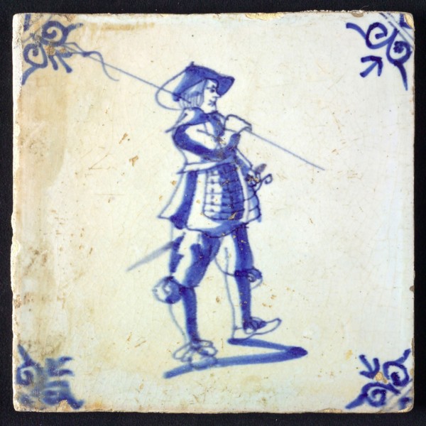 White tile with blue warrior; corner pattern ox head, wall tile tile sculpture ceramic earthenware glaze, baked 2x glazed