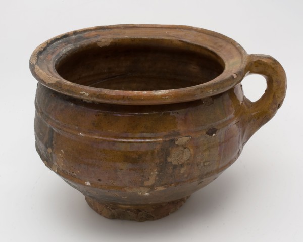 Pottery chamber pot, ease of use on stand, standing ear and wide neck opening, pot holder sanitary soil found ceramic
