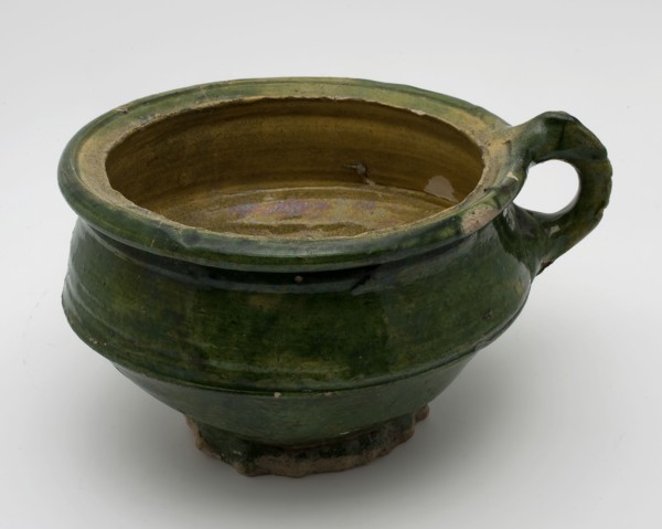 Pottery chamber pot, easy to use on pinched stand, green and yellow glazed, pot holder sanitary earthenware ceramic earthenware