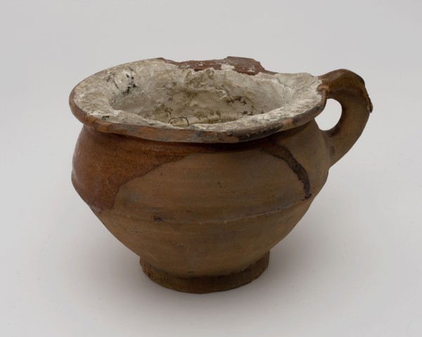Pottery chamber pot, ease of use on stand, internal glazed, wide neck opening, pot holder sanitary soil find ceramic earthenware
