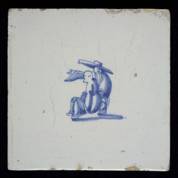 Figure tile, two 'Chinese', wall tile tile sculpture ceramic earthenware glaze tin glaze, baked 2x glazed painted Square yellow